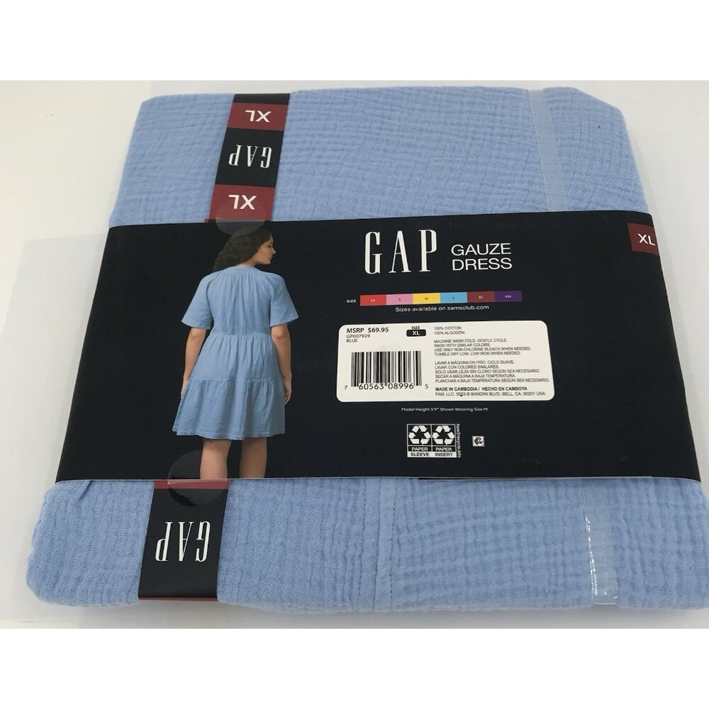 Gap Women's Gauze Tiered Dress Size XL Blue Short Sleeve BOHO V Neck - Picture 4 of 10